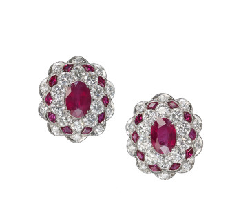 Ruby, Diamond and Platinum Cluster Earrings, 2.71ct