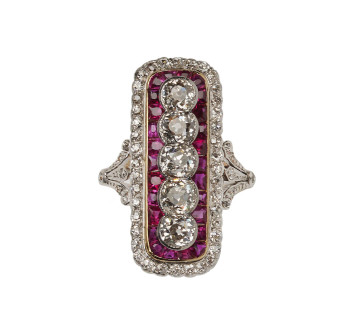 Art Deco Ruby, Diamond Gold and Platinum Plaque Ring, Circa 1920