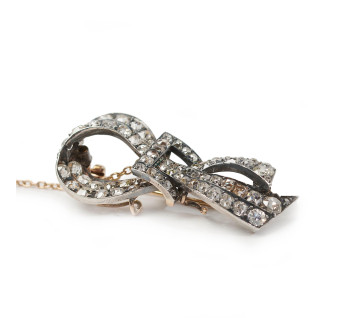 French Antique Diamond and Silver Upon Gold Bow Brooch, Circa 1880