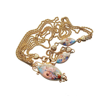Antique Enamel Navette and Gold Chain Station Necklace, Circa 1900