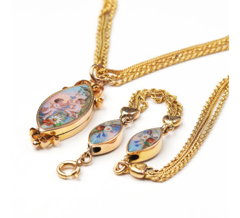 Antique Enamel Navette and Gold Chain Station Necklace, Circa 1900