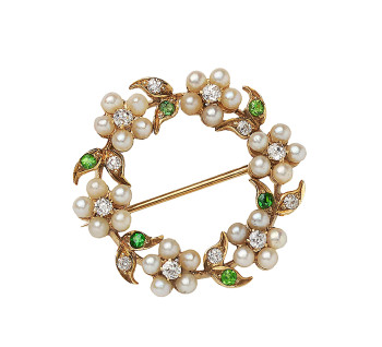 Antique Pearl, Diamond, Demantoid Garnet and Gold Wreath Brooch, Circa 1920