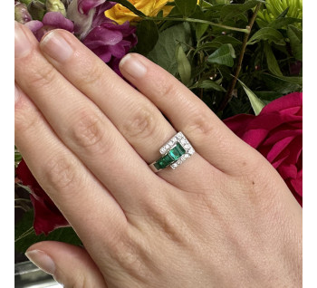 Vintage Tiffany & Co. Emerald Diamond and Platinum Tank Ring, Dated 1940