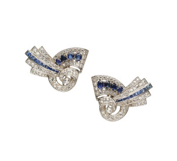 Vintage Sapphire Diamond and Platinum Earrings, Circa 1940