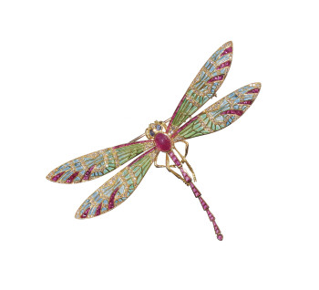 Modern Plique à Jour Enamel, Ruby, Diamond, Sapphire and Gold Dragonfly Brooch