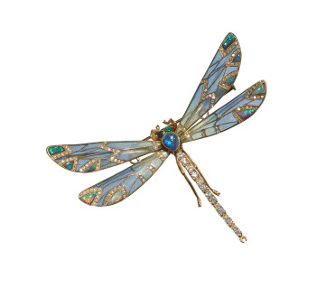 Modern Plique à Jour Enamel, Opal, Diamond and Gold Dragonfly Brooch