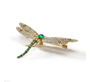 Modern Emerald, Diamond, Sapphire, and Gold Dragonfly Brooch