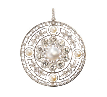 Edwardian Diamond Pearl and Platinum Pendant, Circa 1910