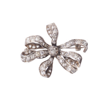 Victorian Diamond and Silver-Upon-Gold Bow Brooch, Circa 1880, 4.00 Carats