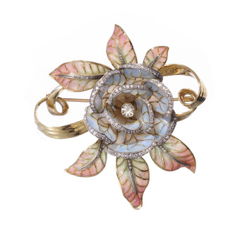 Moira Plique à Jour Enamel, Diamond, Gold and Silver Flower Brooch