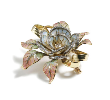 Moira Plique à Jour Enamel, Diamond, Gold and Silver Flower Brooch