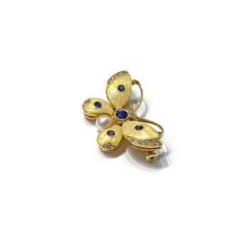 Enamel Sapphire Diamond Pearl and Gold Butterfly Brooch
