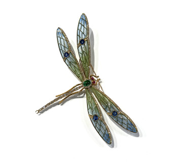 Modern Plique à Jour Enamel, Emerald, Sapphire, Diamond, Ruby and Gold Dragonfly Brooch