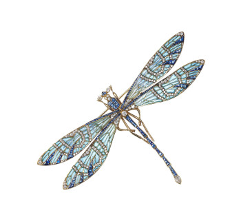 Modern Plique à Jour Enamel Sapphire Diamond and Gold Dragonfly Brooch