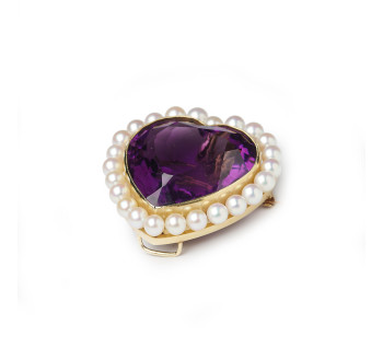 Vintage Amethyst, Cultured Pearl and Gold Heart Brooch Pendant, Circa 1970