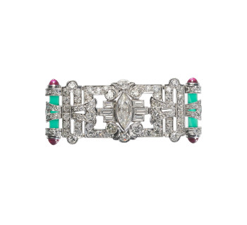 Art Deco Style Diamond, Green Agate, Ruby and Platinum Brooch, 1.95 Carats