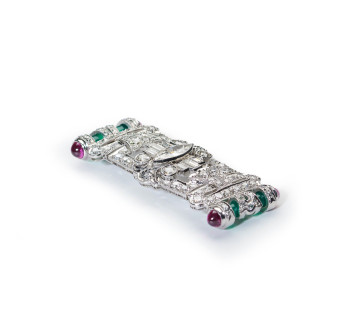 Art Deco Style Diamond, Green Agate, Ruby and Platinum Brooch, 1.95 Carats