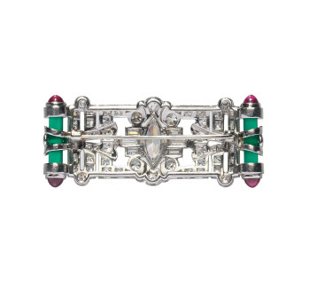 Art Deco Style Diamond, Green Agate, Ruby and Platinum Brooch, 1.95 Carats