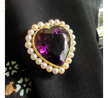 Vintage Amethyst, Cultured Pearl and Gold Heart Brooch Pendant, Circa 1970