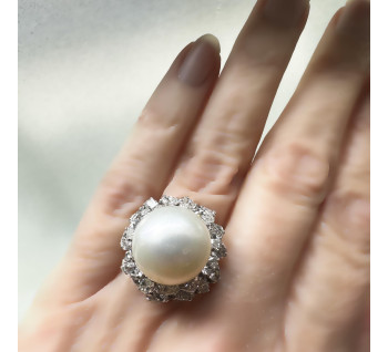Vintage South Sea Pearl Diamond and Platinum Ring, With Modern Shank, Circa 1965