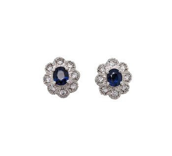 Vintage Sapphire and Diamond Cluster Stud Earrings, Circa 1960