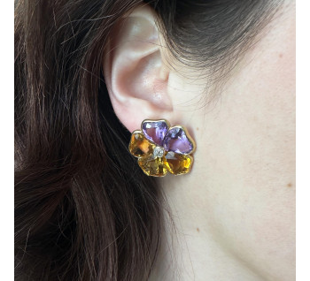 Harvey & Gore Amethyst Citrine Diamond and Gold Pansy Earrings, 1973