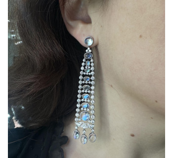 Modern Moonstone, Diamond and Platinum Drop Earrings