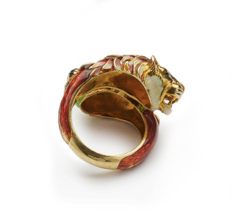 Vintage Enamel and Gold Double Lion Head Ring by Zolatas, Circa 1980
