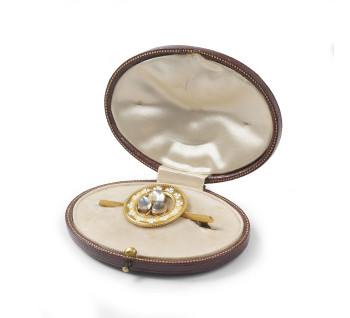 Antique Moonstone Natural Pearl Enamel and Gold Lucky Clover Brooch, Circa 1900