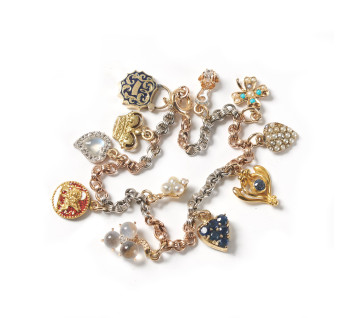 Vintage Gemstone Enamel Gold and Platinum Charm Bracelet