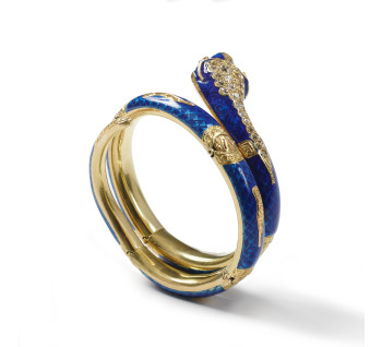 Antique Blue Enamel Diamond Ruby and Gold Snake Bangle, Circa 1860