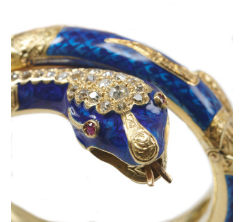 Antique Blue Enamel Diamond Ruby and Gold Snake Bangle, Circa 1860