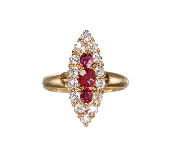 Antique Ruby Diamond and Gold Navette Shaped Cluster Ring, Chester Hallmark, 1901