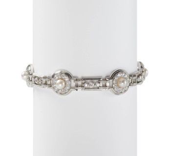 Art Deco Natural Pearl Diamond and Platinum Bracelet, Circa 1930