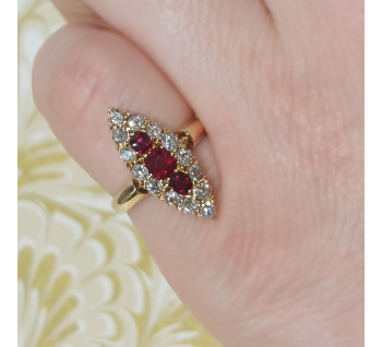 Antique Ruby Diamond and Gold Navette Shaped Cluster Ring, Chester Hallmark, 1901