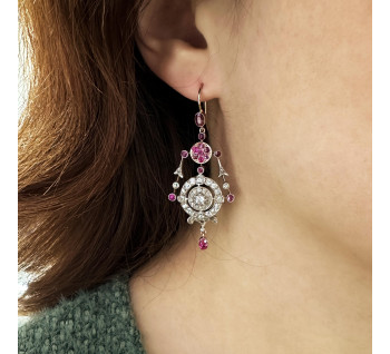Antique Ruby Diamond Silver and Gold Drop Earrings, Circa 1880