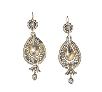 Diamond and Silver Upon Gold Antique Style Drop Earrings, 10.38ct