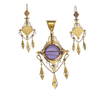 Antique Italian Micromosaic and Gold Brooch-Cum-Pendant and Earrings Suite, Circa 1840