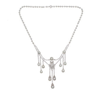 Marcus Natural Pearl Diamond and Platinum Necklace, Circa 1920