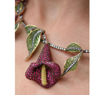 Moira Ruby, Diamond, Silver and Gold Calla Lily Necklace