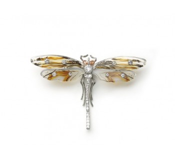 Mocha Stone Agate, Diamond, Padparadscha Sapphire and White Gold Dragonfly Brooch