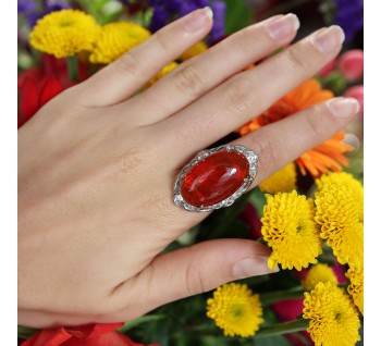 Modern Fire Opal Diamond and Platinum Cluster Ring