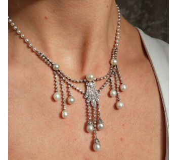 Marcus Natural Pearl Diamond and Platinum Necklace, Circa 1920