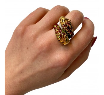 Vintage Enamel and Gold Double Lion Head Ring by Zolatas, Circa 1980