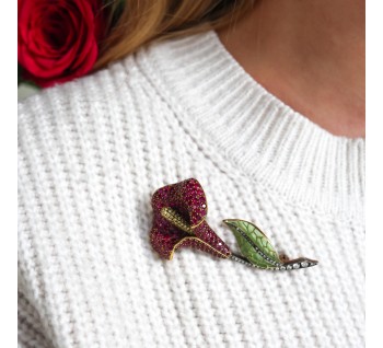 Moira Ruby Diamond Silver Gold and Plique à Jour Enamel Calla Lily Brooch