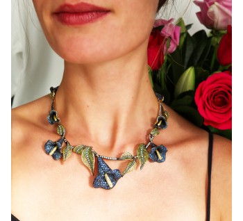 Moira Sapphire Diamond Plique à Jour Enamel Silver and Gold Calla Lily Necklace