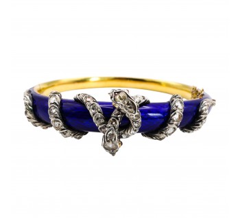 Antique Blue Enamel, Diamond, Ruby and Gold Snake Bangle, Circa 1850