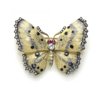 Modern Cream and Blue Enamel Diamond Ruby Gold and Silver Butterfly Brooch