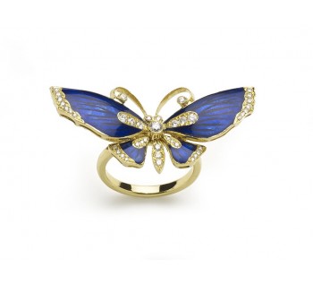 Blue Enamel Diamond and Gold Butterfly Ring