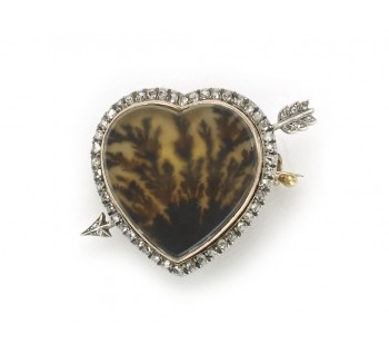 Antique Fabergé Dendritic Agate Diamond Gold and Silver Heart Brooch,  Workmaster Feodor Afanassiev, Circa 1915